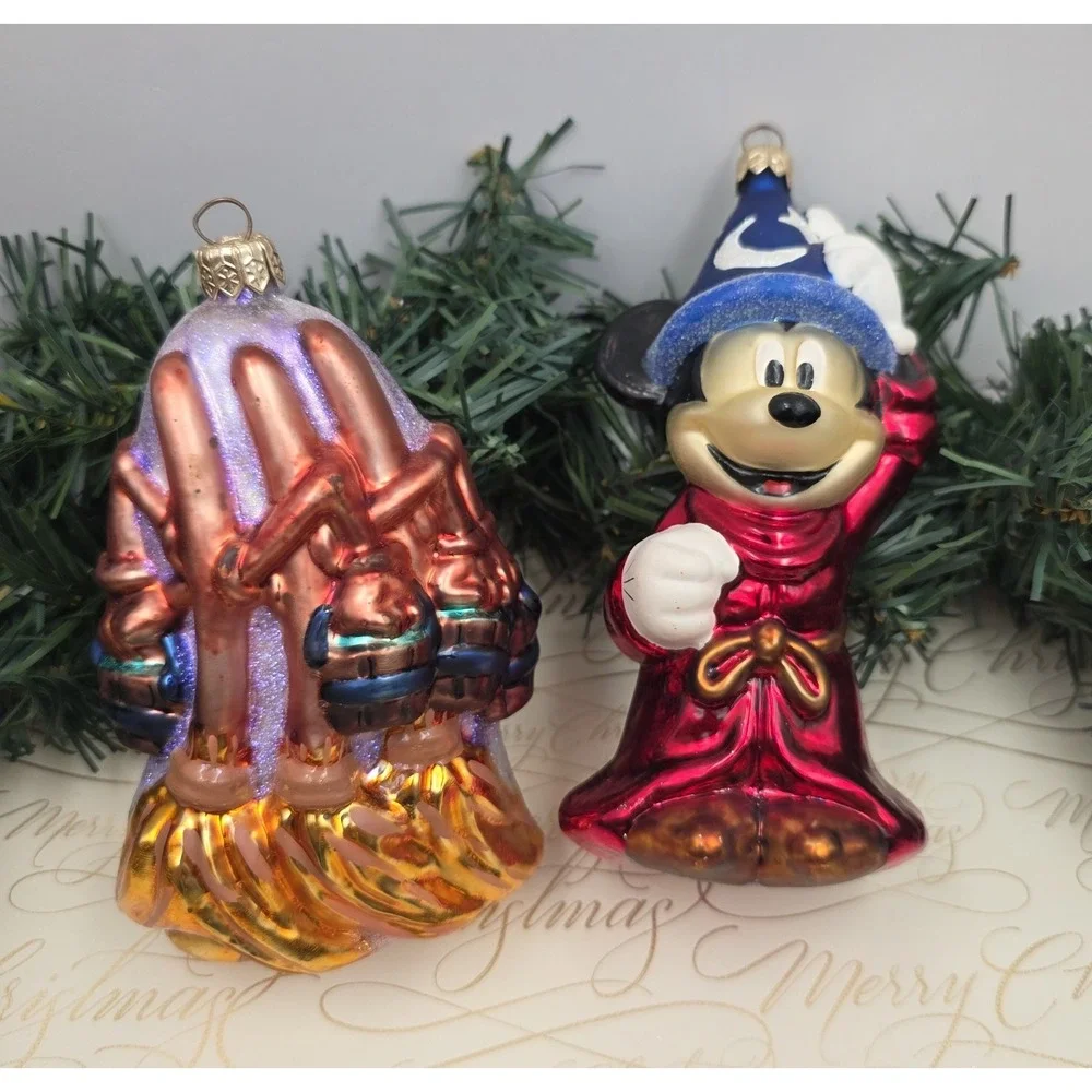 1999 Christopher Radko Disney Fantasia Sorcerer Mickey Brooms Glass Ornaments